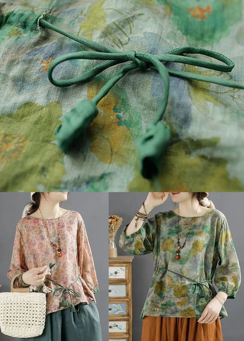 Green O Neck Print Lace Up Patchwork Linen Tops Summer
