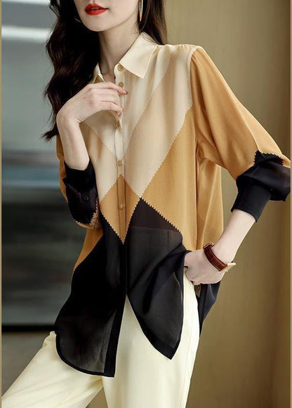 Colorblock Peter Pan Collar Button Chiffon Blouses Spring