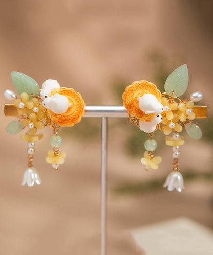 Stylish Yellow Copper Alloy Pearl Resin Tassel Kids a Pair Hairpin
