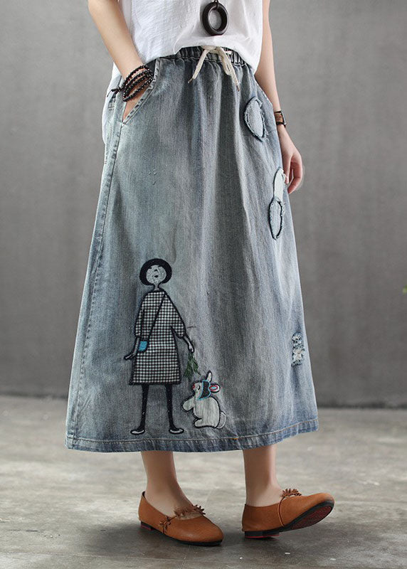 Light Blue Elastic Waist Patchwork Cartoon Embroidered Tulle Denim Skirts Spring