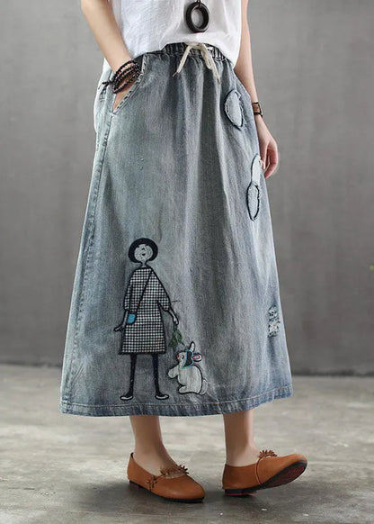 Light Blue Elastic Waist Patchwork Cartoon Embroidered Tulle Denim Skirts Spring