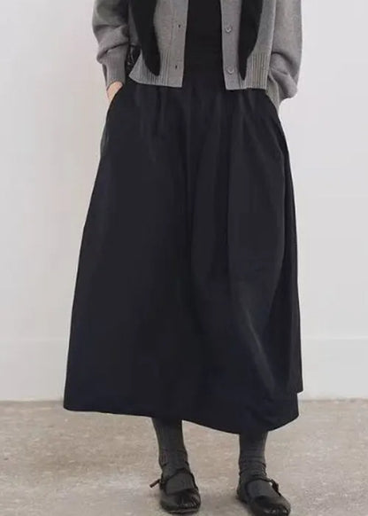 Simple Black Pockets Elastic Waist Cotton a Line Skirts Fall