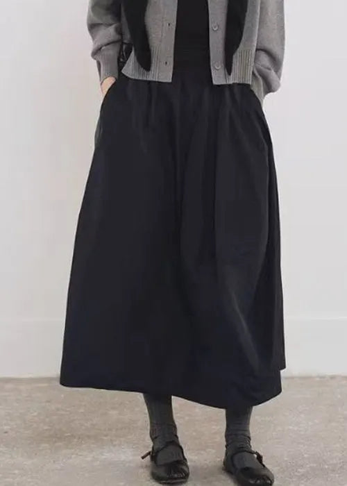 Simple Black Pockets Elastic Waist Cotton a Line Skirts Fall