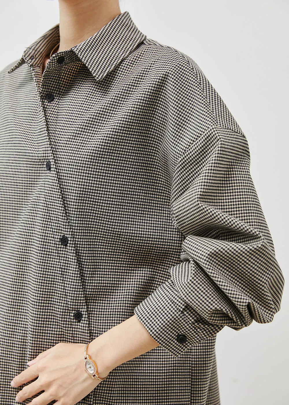 Modern Black Asymmetrical Plaid Cotton Blouse Tops Spring