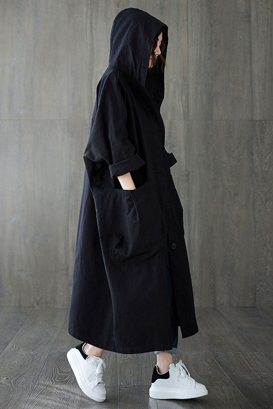 - Spring Loose Large Pocket Hooded Trench Coat