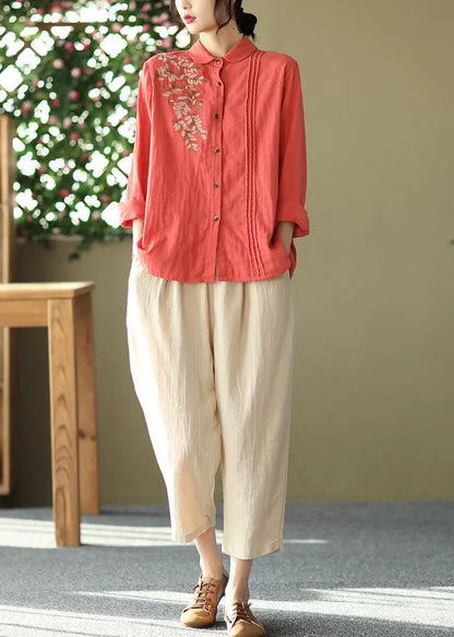 Red Slim Fit Cotton Shirt Top Embroidered Wrinkled Spring