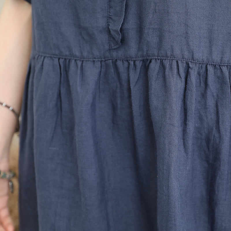 Stylish Blue Linen Dress Oversize Linen Maxi Dress Ruffles O Neck Cotton Dress
