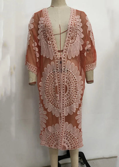 Unique Orange V-neck Print Lace Patchwork Tulle Swimwear Cardigans