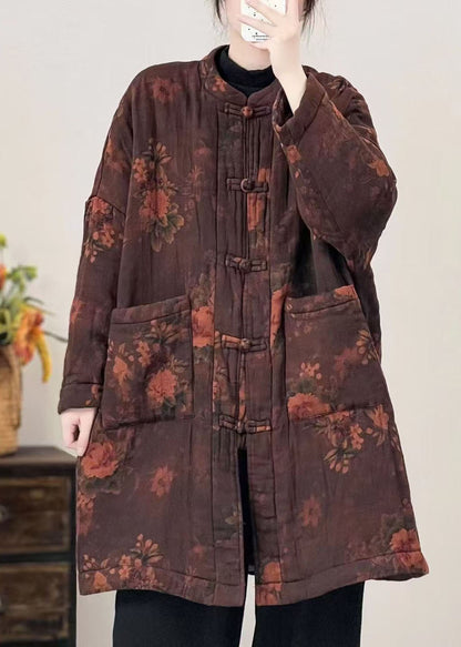 Black Pockets Print Oriental Button Fine Cotton Filled Coat Winter
