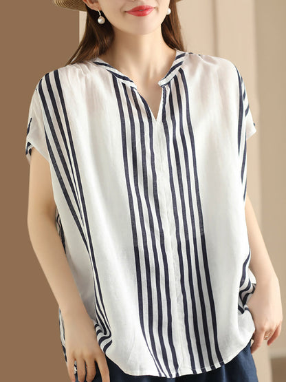 Summer Artsy Stripe V-neck Thin Linen Shirt