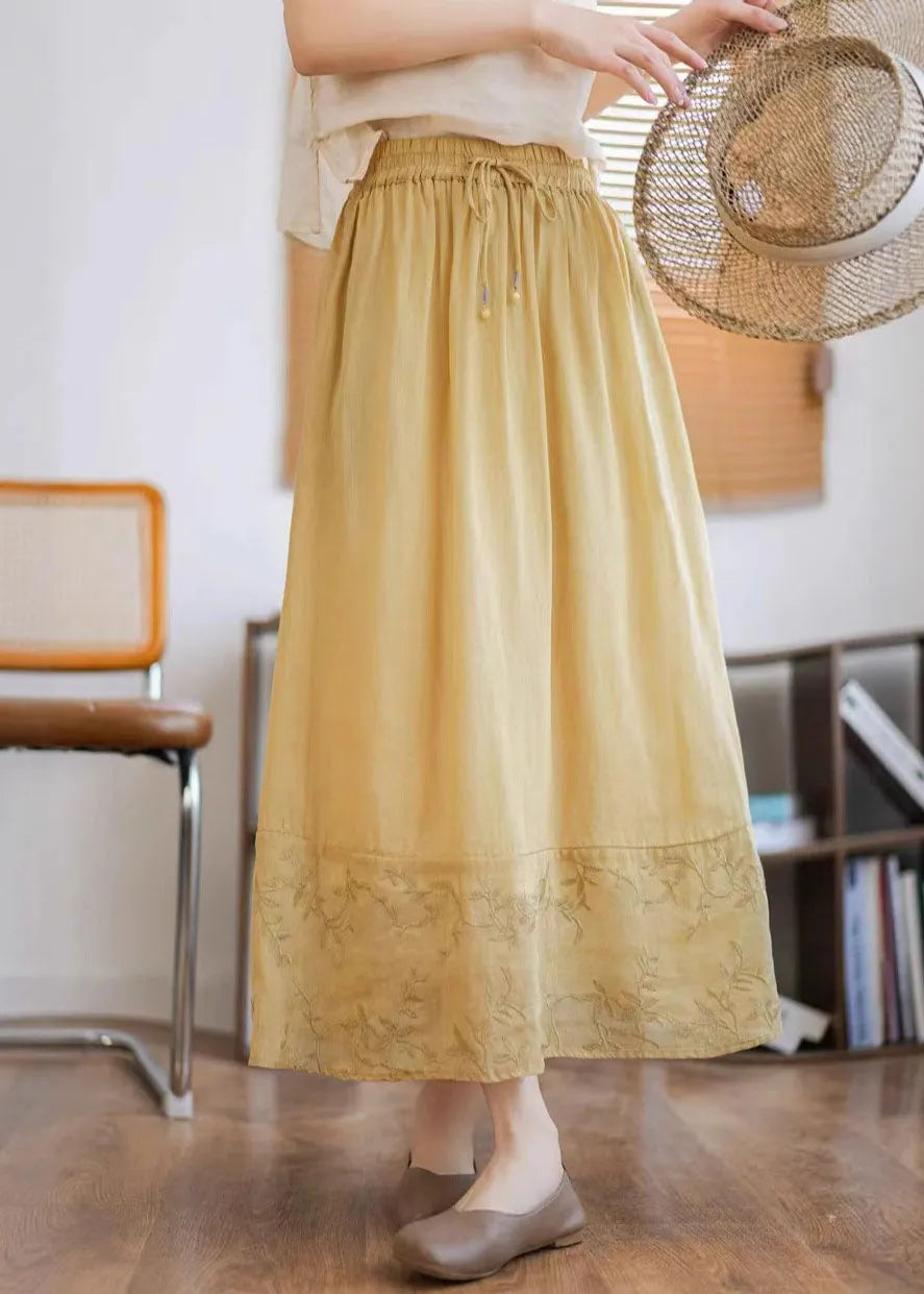 Unique Green Embroidered Patchwork Linen Skirt Summer