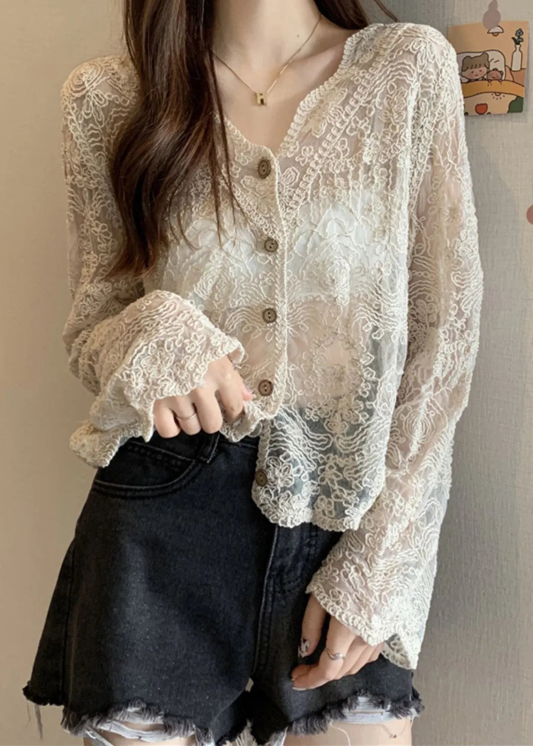New Apricot V Neck Hollow Out Thin Lace Cardigans Summer