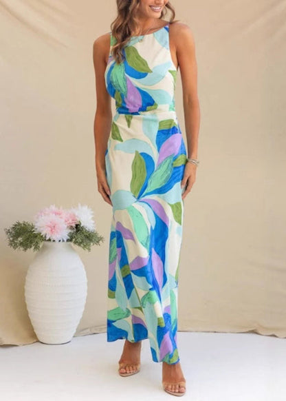 French Blue Backless Print Cotton Long Dress Sleeveless