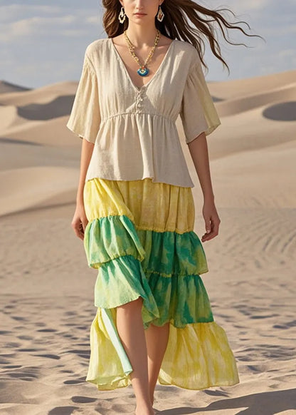 Beige Ruffled Patchwork Cotton Dresses Summer