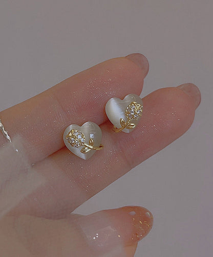 Fine Gold Copper Alloy Love Cat Eye Ston Stud Earrings
