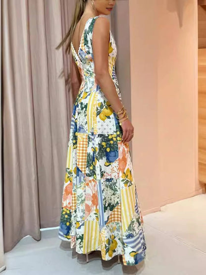 Sleeveless Printed Large V-neck Dress