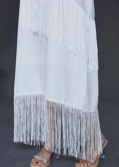 White Tasseled Chiffon Spaghetti Strap Dress Summer