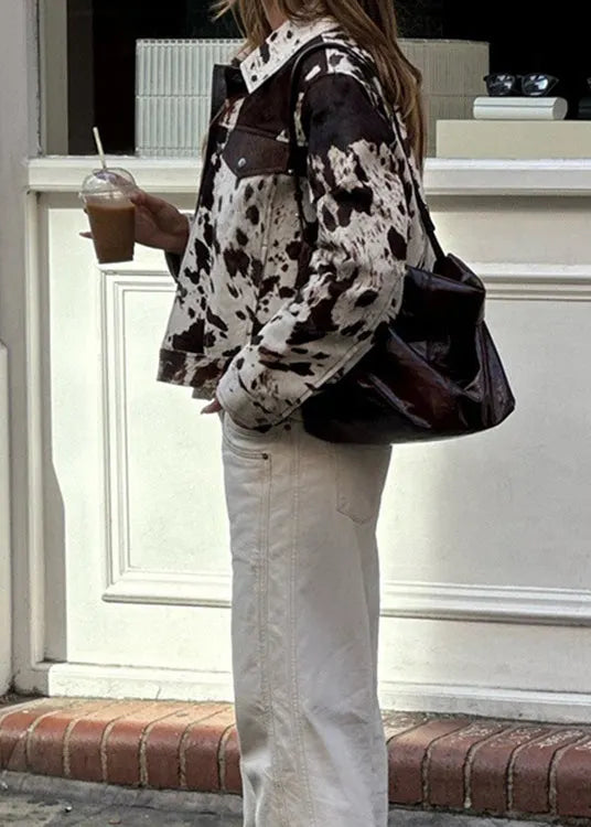 Peter Pan Collar Pockets Print Woolen Short Coat Fall