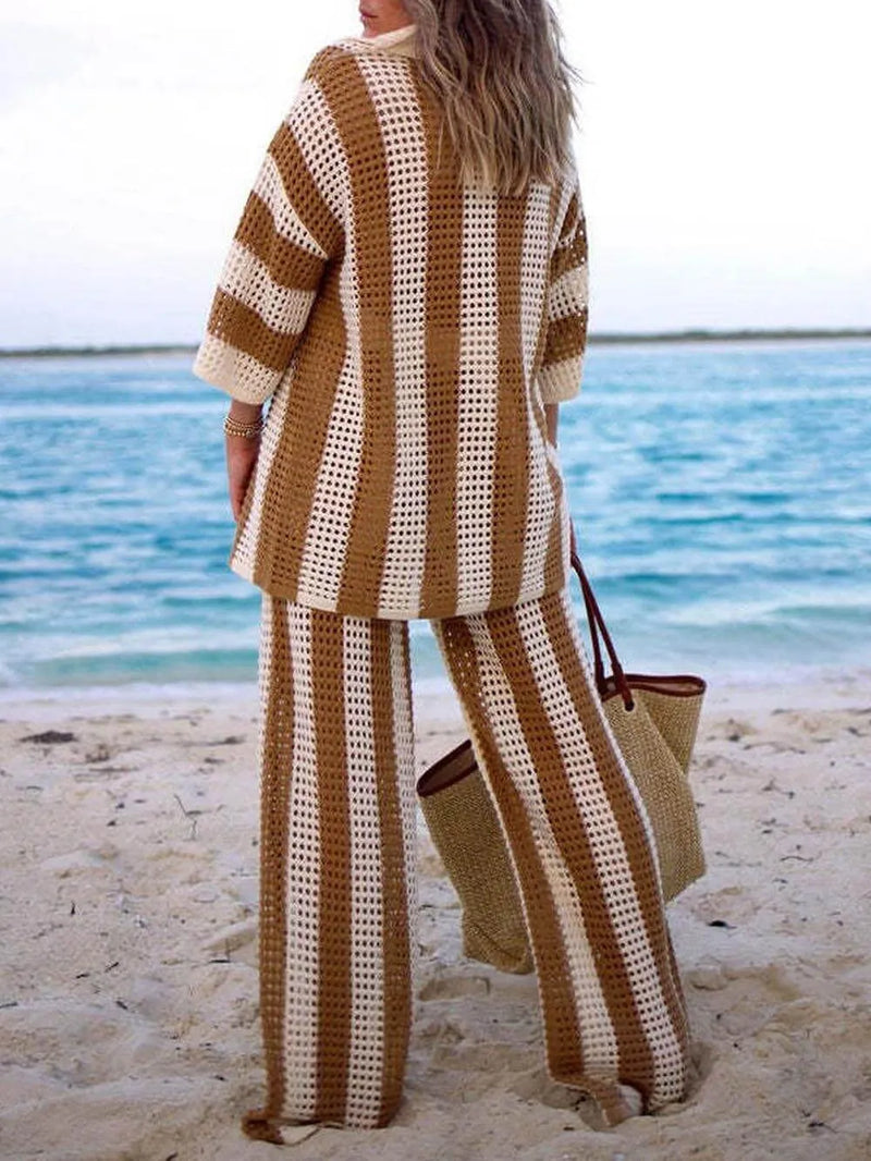 Loose V-neck Hollow Out Striped Shirt Wide Leg Pants Set