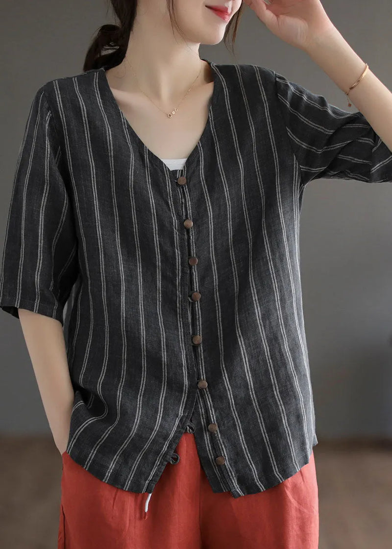 Italian Black Striped V Neck Button Patchwork Linen Blouses Summer