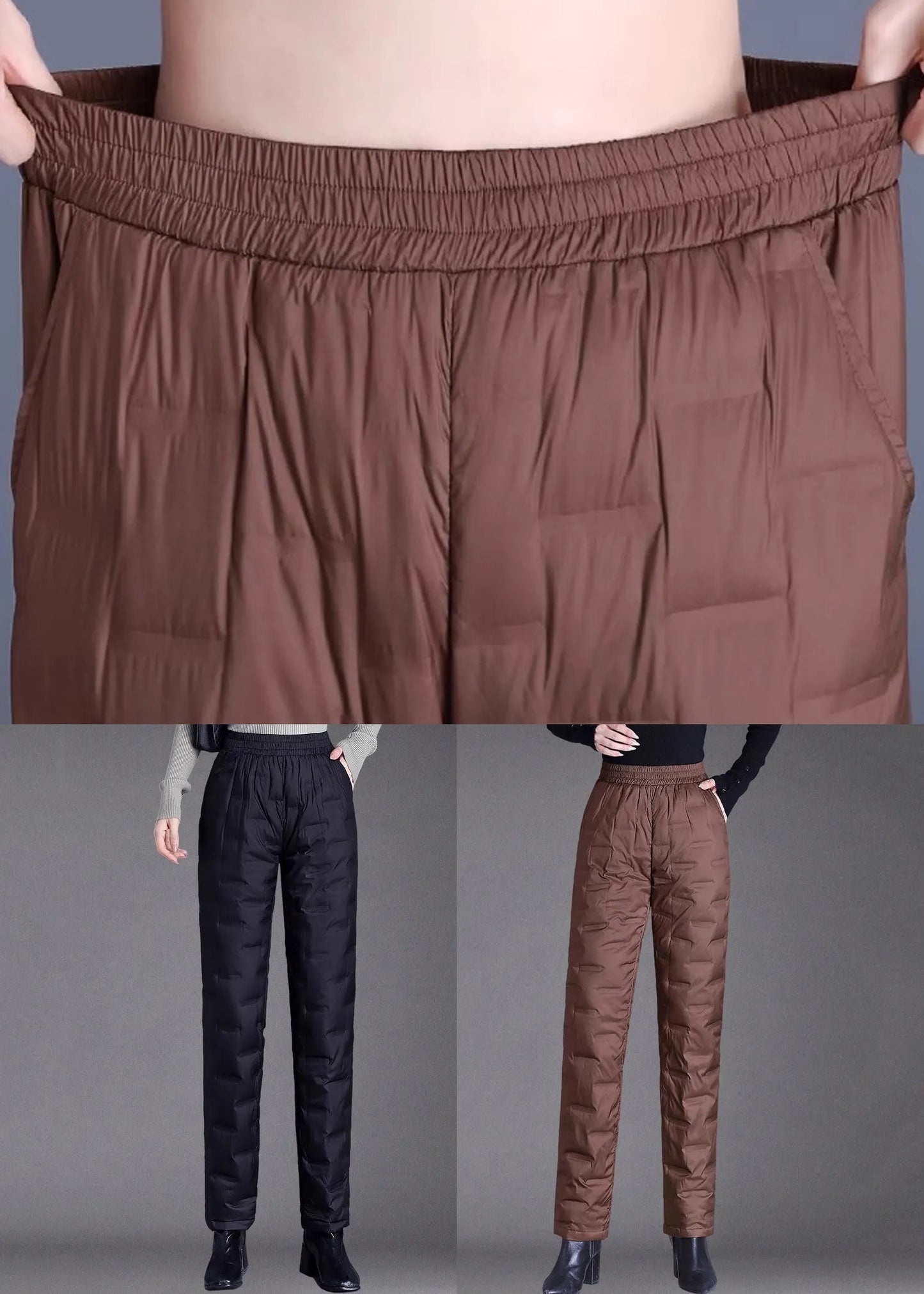 Black Elastic Waist Thick Duck Down Filled Straight Pants Plaid