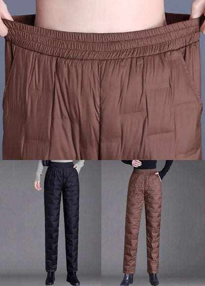 Black Elastic Waist Thick Duck Down Filled Straight Pants Plaid