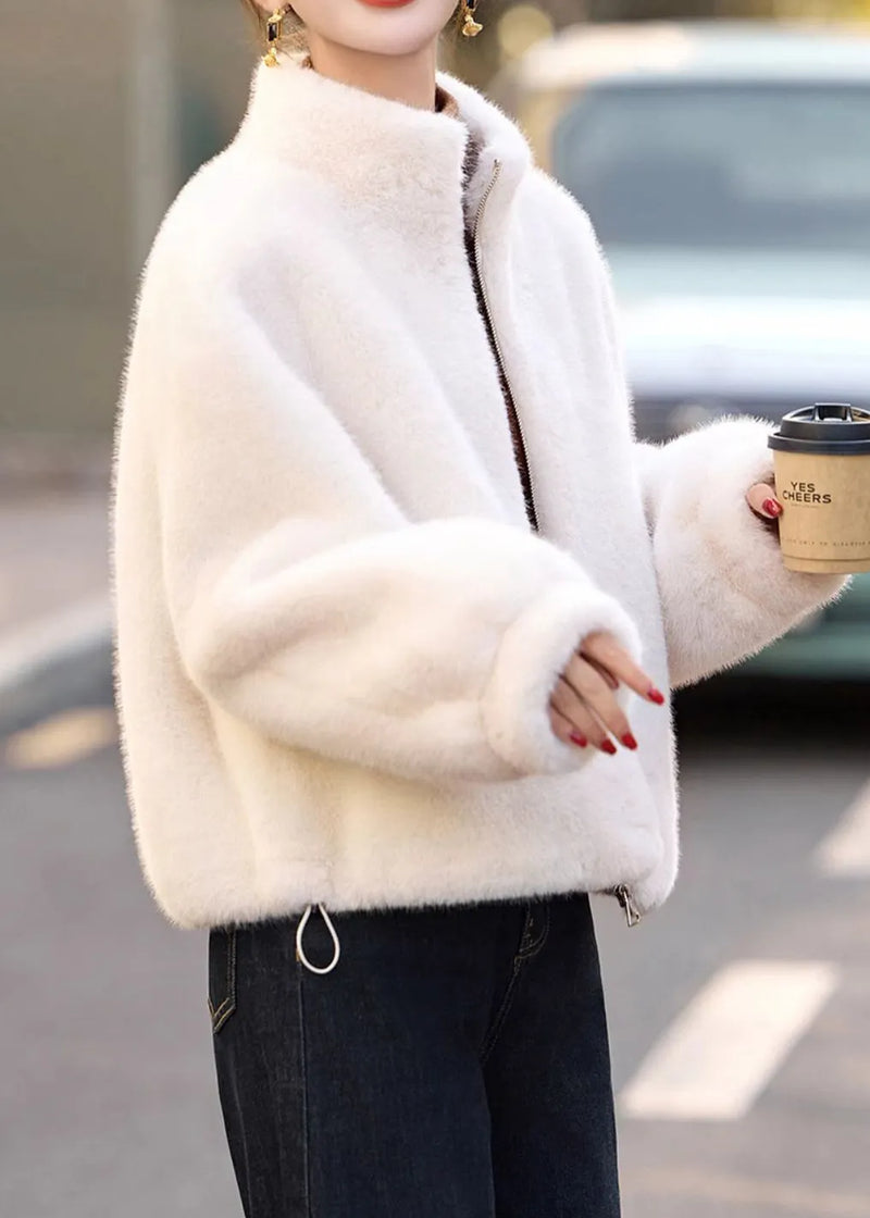 Yellow Stand Collar Zip Up Faux Fur Short Coats Winter