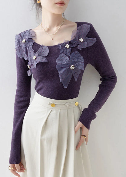 Slim Fit Purple O Neck Nail Bead Knit Top Spring