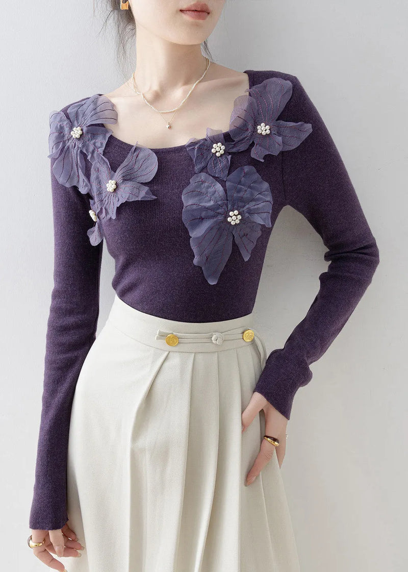 Slim Fit Purple O Neck Nail Bead Knit Top Spring