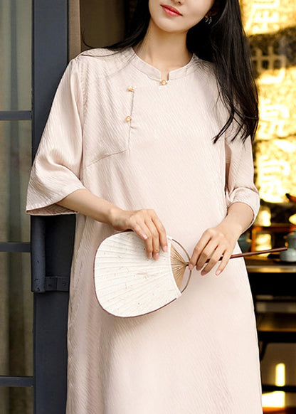 Boutique Beige Stand Collar Cotton Long Dresses Bracelet Sleeve