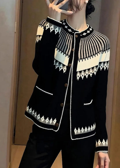 Italian Jacquard Black Stand Collar Button Cotton Knit Cardigans Fall