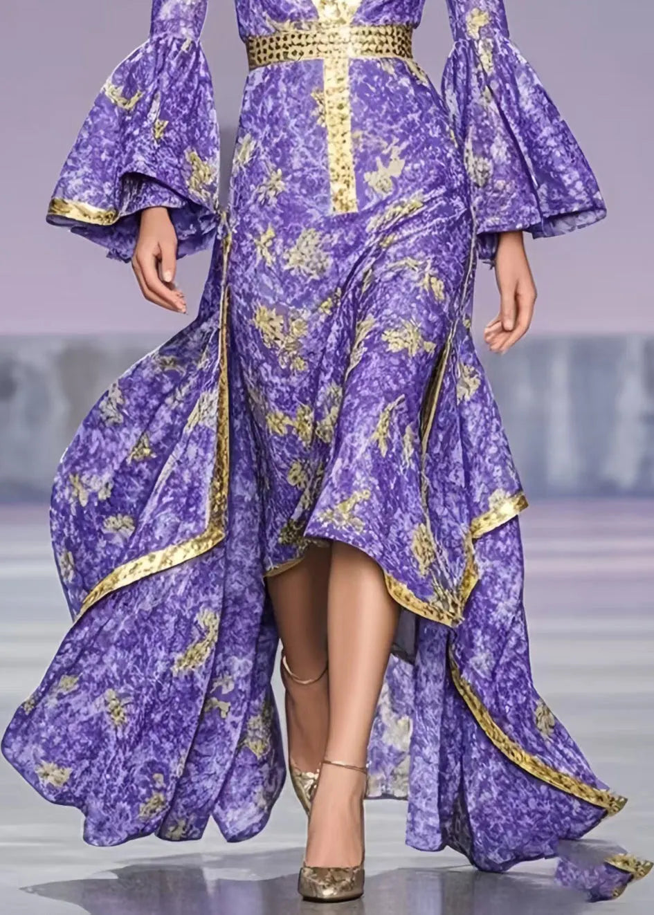French Lavender Print Asymmetrical Exra Large Hem Party Dress Flare Sleeve
