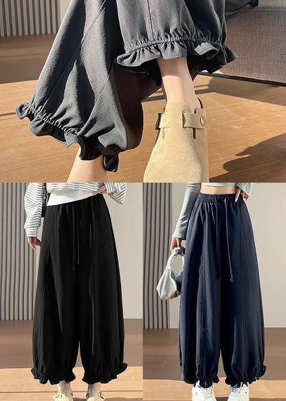 Black Elastic Waist Ruffled Cotton Pants Fall