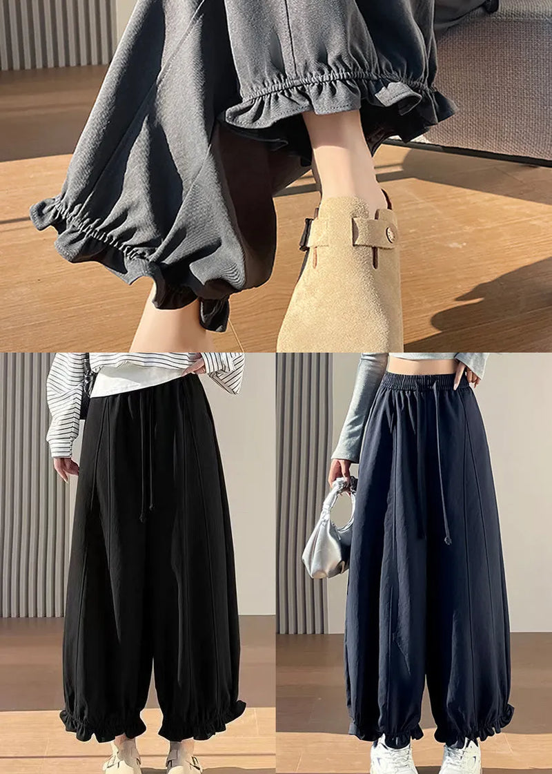 Black Elastic Waist Ruffled Cotton Pants Fall