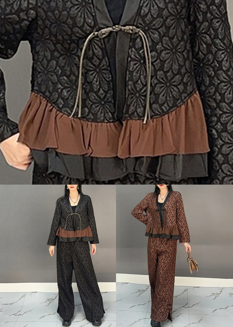 Chinese Style Black V Neck Button Top and Wide Leg Pants Two Pieces Set Spring