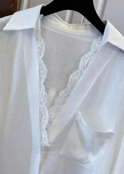 White V Neck Lace Patchwork Shirts Spring