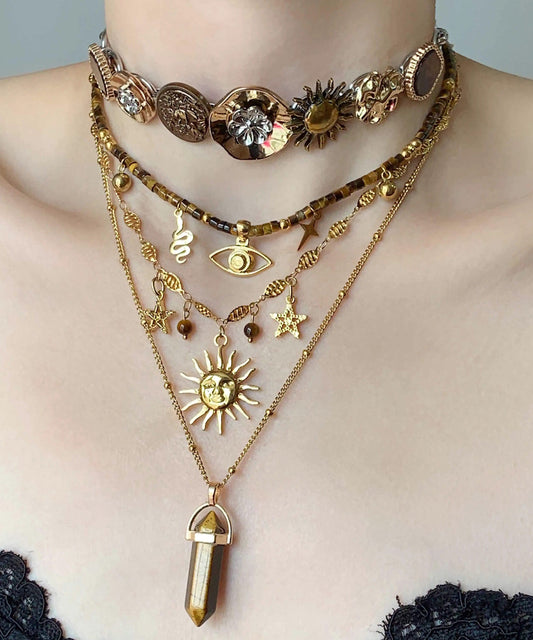 Brown Tiger's Eye Long Column Sun Layering Titanium Steel Four Piece Set Pendant Necklace