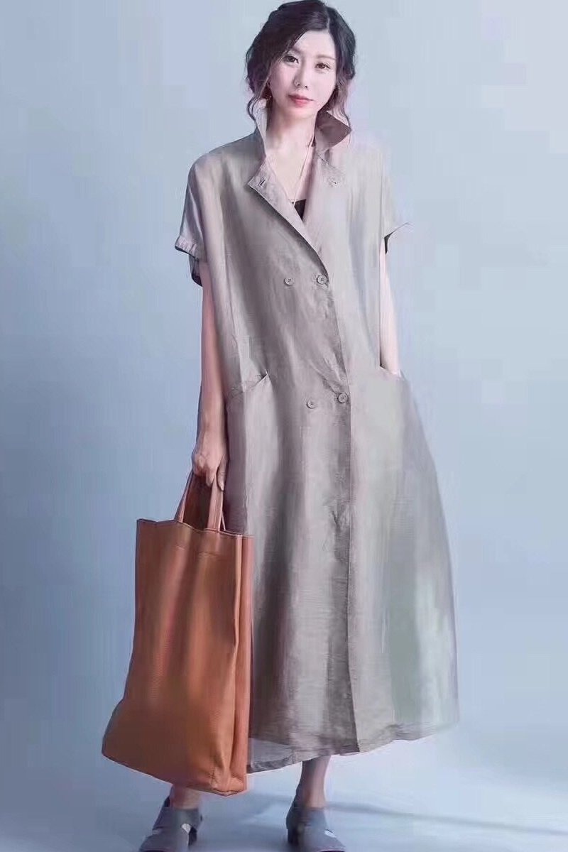 Green Silk Linen Long Dress Wind Coat Q