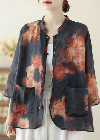 Black Stand Collar Print Top Bracelet Sleeve