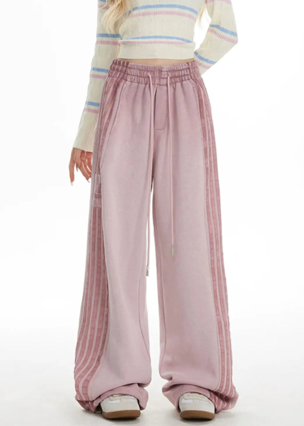 Pink Striped Elastic Waist Wide Leg Pants Spring