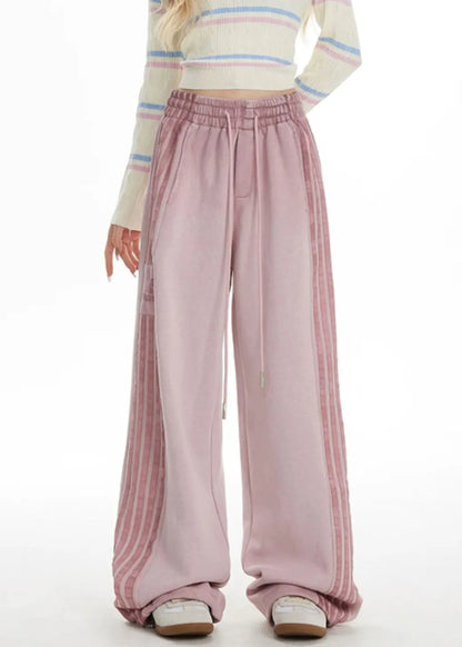 Pink Striped Elastic Waist Wide Leg Pants Spring