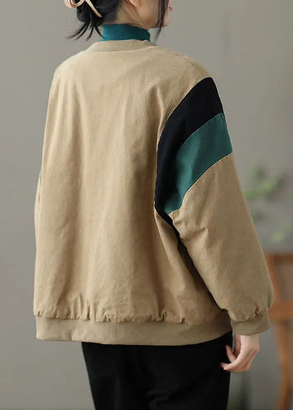 Modern Khaki O-neck Pockets Patchwork Fine Cotton Filled Jacket Spring