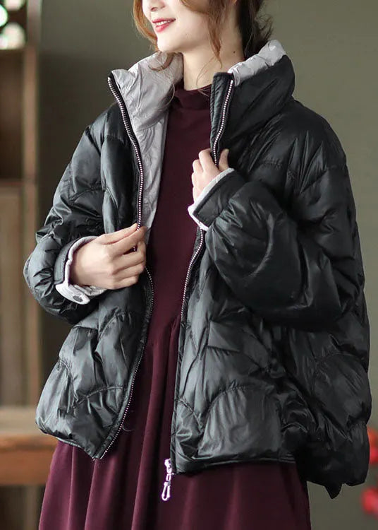 Style White Stand Collar Zippered Pockets Thick Winter Down Jacket
