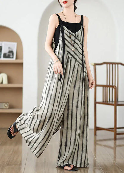 Khaki Striped Jumpsuit Wide Leg Pants Summer