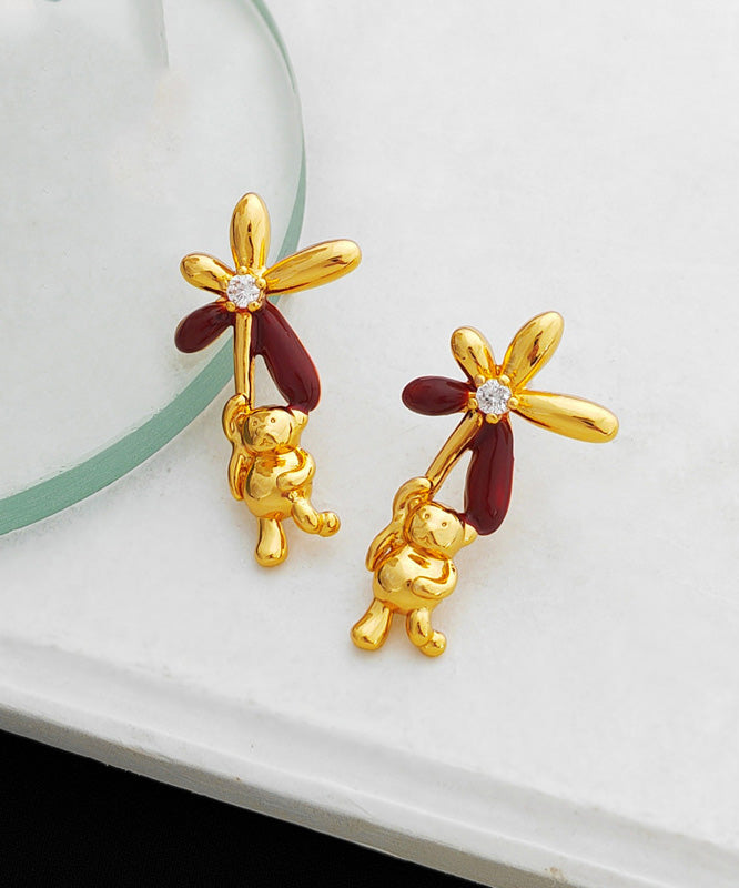 Stylish Gold Copper Overgild Oil Drip Zircon Little Bear Stud Earrings
