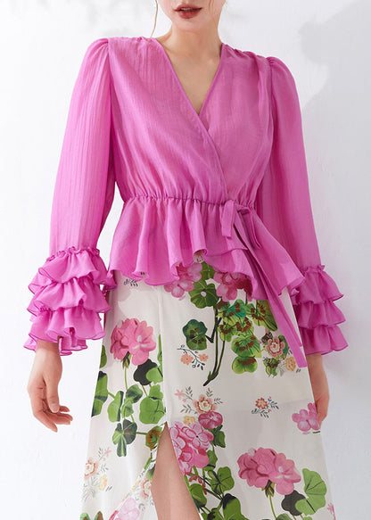 Pink Ruffled Lace Up Cotton Shirt Long Sleeve