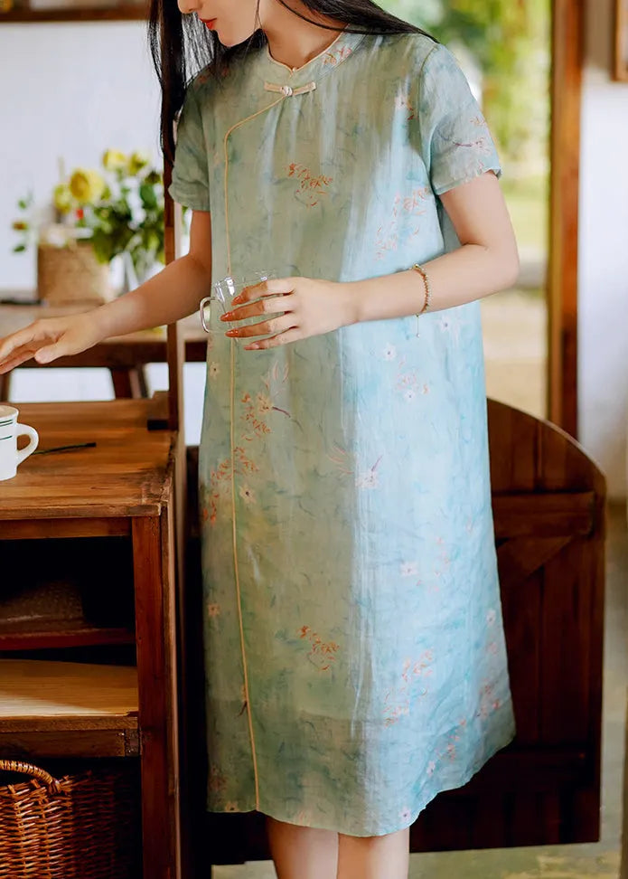 Chinese Style Blue Stand Collar Print Linen Dresses Summer