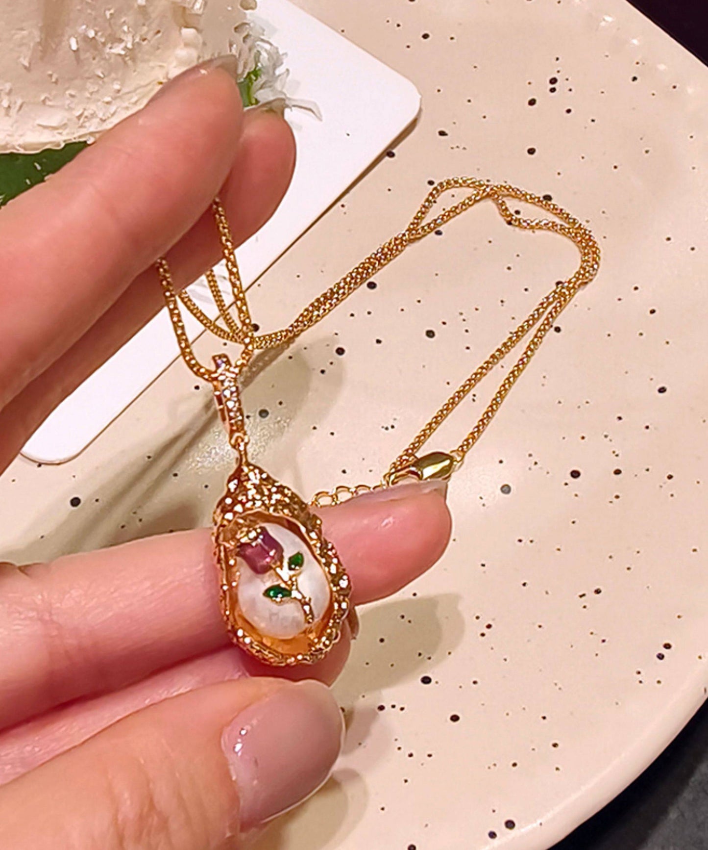 French Rose Gold Copper Overgild Rose Pearl Beading Pendant Necklace