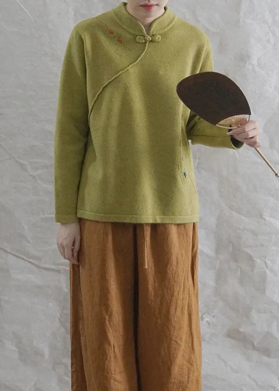 Style Yellow Retro Embroidered Fall Knit Tops