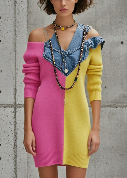 Cold Shoulder Asymmetrical Patchwork Denim Sweater Dress Fall